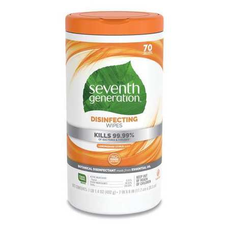 Seventh Generation Disinfecting Wipes, White, Canister, Cloth-Like, 70 Wipes, 7 in x 8 in, Lemongrass Citrus, 6 PK SEV 22813