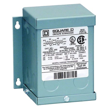 SQUARE D Single Phase Transformer, 50 VA, NEMA 3R, 55 Â°C, 120/240V AC, 600V AC 50SV51A