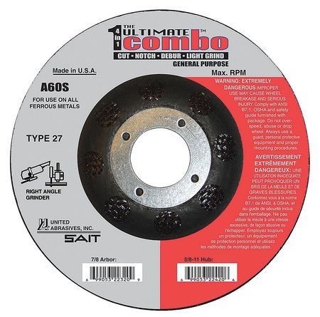 United Abrasives/Sait Depressed Center Cut-Off Wheel, Type 27, 4-1/2" Dia, .095" Thick, 7/8" Arbor Hole Size 22320