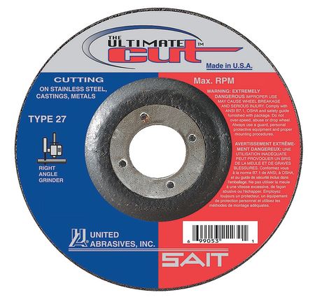 UNITED ABRASIVES/SAIT Depressed Center Cut-Off Wheel, Type 27, 4-1/2" Dia, .045" Thick, 7/8" Arbor Hole Size 22380