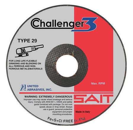 UNITED ABRASIVES/SAIT Depressed Center Wheels, 29, 4-1/2" Dia, 1/8" Thick, 7/8" Arbor Hole Size, Aluminum Oxide 27610