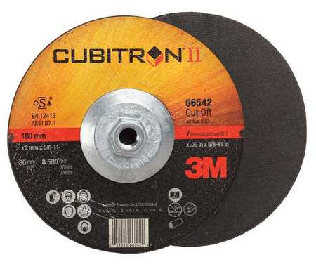 3M Cubitron Depressed Center Wheels, Type 27, 7 in Dia, 0.09 in Thick, 5/8"-11 Arbor Hole Size, Ceramic 66542