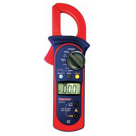 Westward Clamp Meter, LCD, 400 A, 1.1 in (28 mm) Jaw Capacity, CAT II 600V, CAT III 300V Safety Rating 22XX22