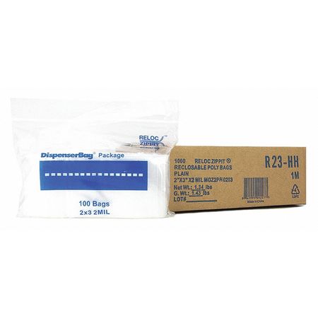 Reloc Zippit Reclosable Poly Bag 2-MIL, 2"x 3", Clear With Hang Hole R23-HH