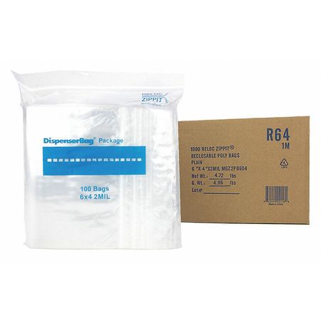 RELOC ZIPPIT Reclosable Poly Bag 2-MIL, 6"x 4", Clear R64
