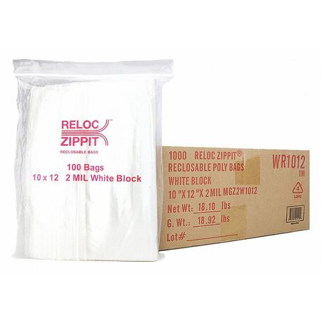 RELOC ZIPPIT Reclosable Poly Bag 2-MIL, 10"x 12", With White Block WR1012