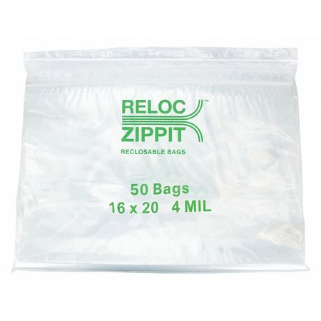 RELOC ZIPPIT Reclosable Poly Bag 4-MIL, 16"x 20", Clear 4R1620