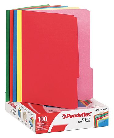 PENDAFLEX File Folders 8-1/2" x 11", 1/3-Cut Tab, Assorted Colors, Pk100 PFX421013ASST