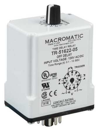 MACROMATIC Time Delay Rlay, 24VAC/DC, 10A, DPDT, 9 sec. TR-51628-14