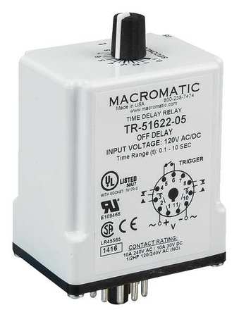 Macromatic Time Delay Relay, 120VAC/DC, 10A, DPDT TR-51622-10