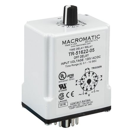 MACROMATIC Time Delay Relay, 24VAC/DC, 10A, DPDT, 2 VA TR-51628-08