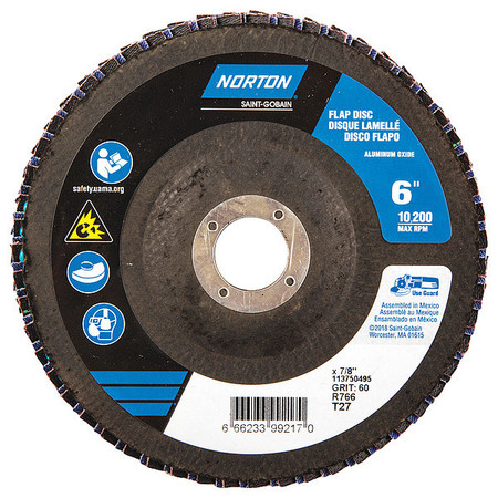 Norton Abrasives Flap Disc, 6 In x 60 Grit, 7/8 66623399217