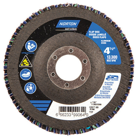 Norton Abrasives Flap Disc, 4 1/2 In x 60 Grit, 7/8 66623399064