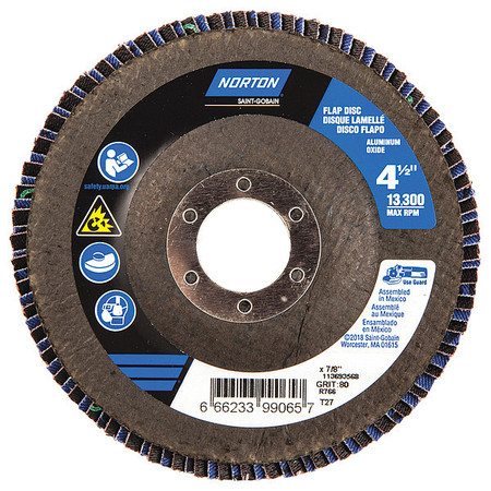 Norton Abrasives Flap Disc, 4 1/2 In x 80 Grit, 7/8 66623399065