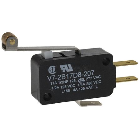 HONEYWELL Miniature Snap Action Switch, Lever, Long, Roller Actuator, SPDT, 3A @ 240V AC Contact Rating V7-2B17D8-207