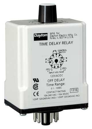 DAYTON Time Delay Relay, 12VDC, 10A, DPDT, 9 sec. 24EN84