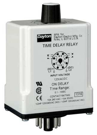 DAYTON Time Delay Rlay, 24VAC/DC, 10A, DPDT, 3 sec. 24EP11