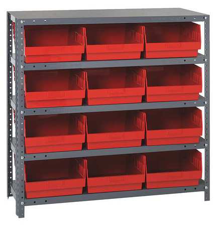 QUANTUM STORAGE SYSTEMS Steel Bin Shelving, 36 in W x 39 in H x 12 in D, 5 Shelves, Red 1239-209RD