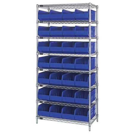 QUANTUM STORAGE SYSTEMS Steel, Polypropylene Bin Shelving, 36 in W x 74 in H x 21 in D, 8 Shelves, Blue WR8-483BL