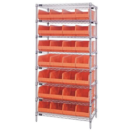 QUANTUM STORAGE SYSTEMS Steel, Polypropylene Bin Shelving, 36 in W x 75 in H x 12 in D, 8 Shelves, Orange WR8-423OR