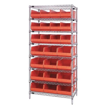 QUANTUM STORAGE SYSTEMS Steel, Polypropylene Bin Shelving, 36 in W x 74 in H x 21 in D, 8 Shelves, Orange WR8-483485OR