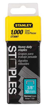 Stanley Heavy Duty Staples, 23 ga, Narrow Crown, 3/8 in Leg L, Steel, 1000 PK CT306T