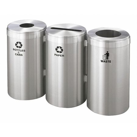 GLARO 30 gal Round Recycling Bin, Open Top, Satin Aluminum, 3 Openings 1242-3SA-SA-B&C/P/W