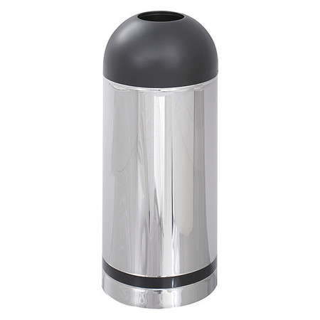 SAFCO 15 gal Round Trash Can, Chrome/Black, 15" Dia, Open Top, Puncture-Resistant Steel 9871