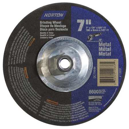 NORTON ABRASIVES Depressed Center Wheels, Type 27, 7 in Dia, 0.25 in Thick, 5/8"-11 Arbor Hole Size, Aluminum Oxide 66252912633