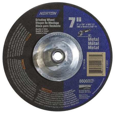 Norton Abrasives Depressed Center Wheels, Type 27, 7 in Dia, 0.25 in Thick, 5/8"-11 Arbor Hole Size, Aluminum Oxide 66252912633