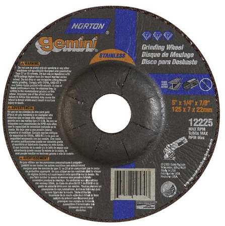 NORTON ABRASIVES Depressed Center Wheels, Type 27, 5 in Dia, 0.25 in Thick, 7/8 in Arbor Hole Size, Aluminum Oxide 66252842040