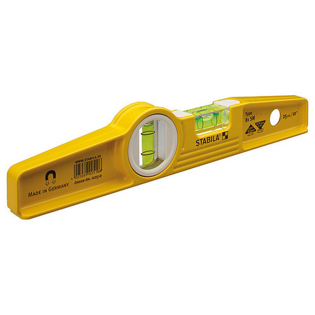 STABILA Torpedo Level, Aluminum, 10 in L, 2 Vials 25100