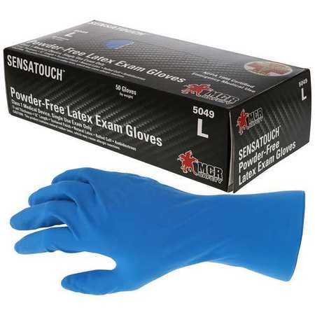 Mcr Safety SensaTouch, Latex Disposable Gloves, 11 mil Palm, Latex, Powder-Free, L, 50 PK, Blue 5049L