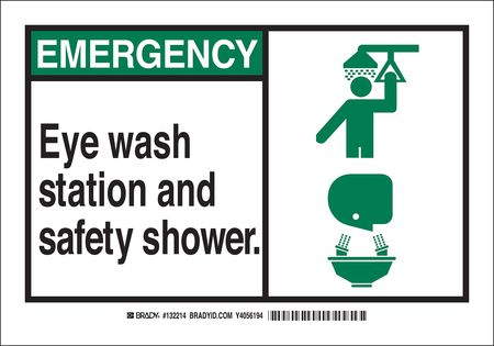 BRADY Eye Wash/Safety Shower Sign, 10 in Height, 14 in Width, Aluminum, Rectangle, English 132217