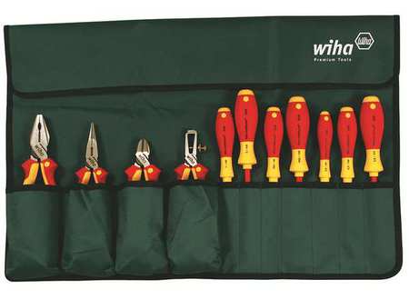 Wiha 11 pc Insulated Tool Set, Roll-up Pouch, 7 Screwdrivers, 3 Pliers, SAE 32986