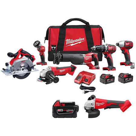 Milwaukee Tool Battery and Grinder Combo Kit, 18 V, Includes (1) 5.0 Ah and (2) 3.0 Ah Battery 2696-26, 48-11-1850, 2686-20