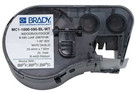 Brady Label Tape Cartridge, White/Blue, 1 in. W MC1-1000-595-BL-WT