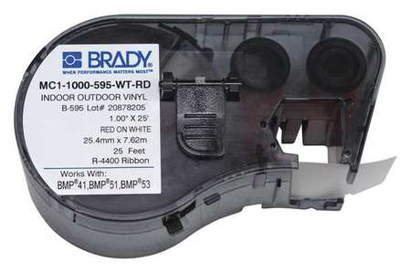 Brady Label Tape Cartridge, Red/White, 1 in. W MC1-1000-595-WT-RD