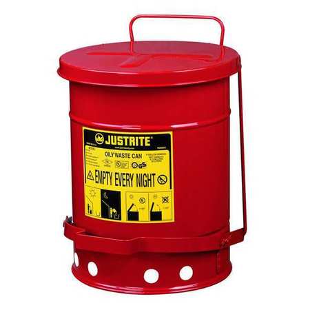 Justrite Oily Waste Can, 6 Gallon Capacity, Galvanized Steel, Red, Foot Operated Self Closing 09100