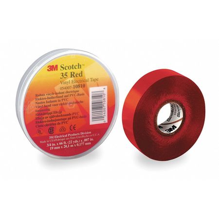3M Vinyl Electrical Tape, 35, Scotch, 3/4 in W x 66 ft L, 7 mil thick, Red, 1 Pack 10810