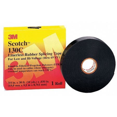 3M Rubber Electrical Tape, 130C, Scotch, 1 in W x 30 ft L, 30 mil thick, Black, 1 Pack 130C 1x30