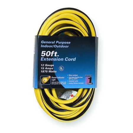 932519-3 Power First Locking Extension Cord, Outdoor, 15.0 A, 125V AC,  Number of Outlets 1, Yellow with Black Stripe