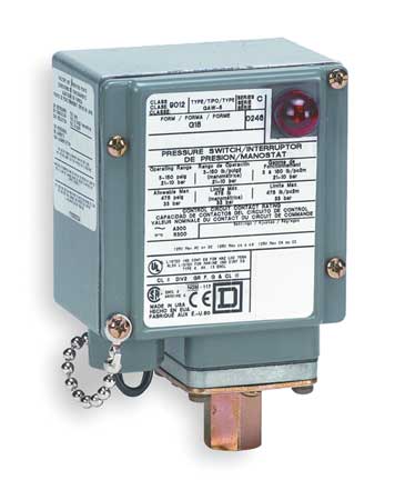 Telemecanique Sensors Pressure Switch, (1) Port, 1/4-18 in FNPT, SPDT, 3 to 150 psi, Standard Action 9012GAW5G17