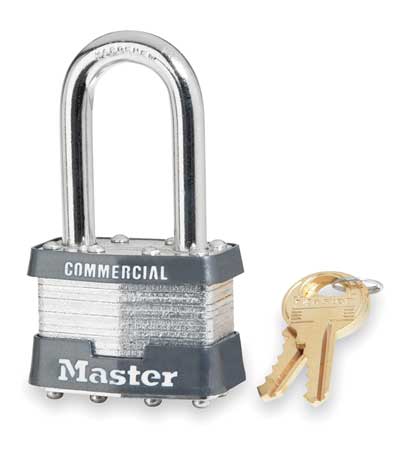 Master Lock Padlock, Keyed Different, Long Shackle, Rectangular Steel Body, Steel Shackle, 3/4 in W 1LF