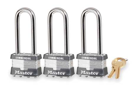 Master Lock Padlocks, Keyed Alike, Long Shackle, Rectangular Steel Body, Steel Shackle, 3/4 in W, 3 PK 1TRILJCOM
