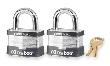 Master Lock Padlocks, Keyed Alike, Standard Shackle, Rectangular Steel Body, Steel Shackle, 15/16 in W, 2 PK 5TCOM