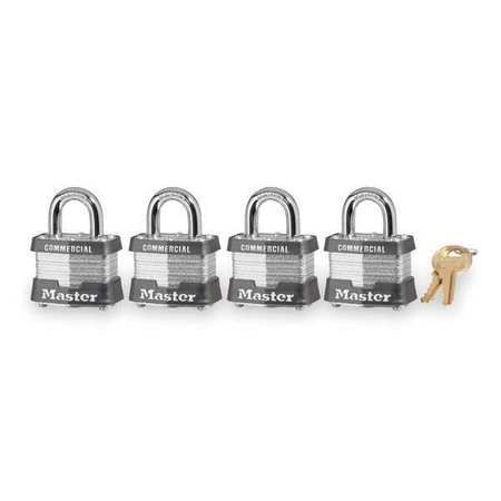 Master Lock Padlocks, Keyed Alike, Standard Shackle, Rectangular Steel Body, Steel Shackle, 5/8 in W, 4 PK 3QCOM