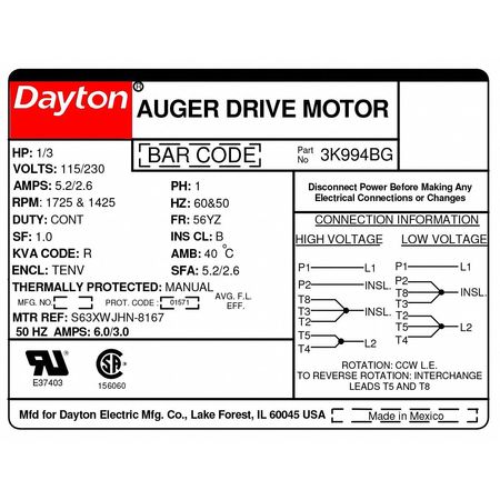 Dayton Auger Drive Motor, Split-Phase, 1/3 HP, 115/230V AC, 1,725 Nameplate RPM, 56YZ Frame 3K994