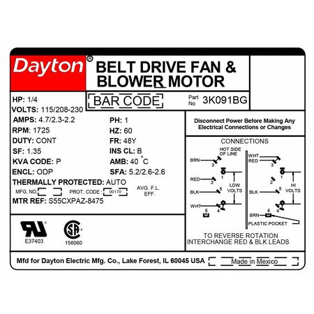 Dayton Split-Phase Belt Drive Motor, 1/4 HP, 48 Frame, 115/208-230V AC Voltage, 1,725 Nameplate RPM 3K091