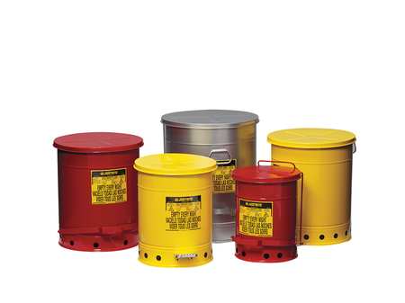 Justrite Oily Waste Can, 10 Gallon Capacity, Galvanized Steel, Red, Foot Operated Self Closing 09300